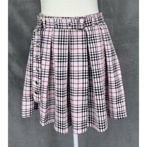 Hot Topic Pleated Belted Mini Skirt Sz Medium Pink Black Plaid School Girl Punk